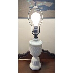 Vtg MCM Hobnail White Milk Glass Boudoir Table Lamp
